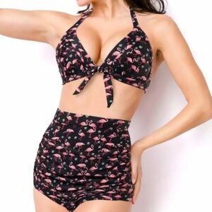 Unique Vintage High Waisted Flamingo Bikini Set